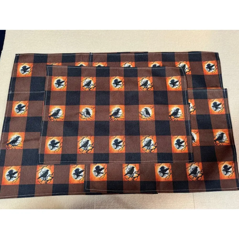 Halloween Crow Placemats (5) Buffalo Plaid Full Moon Raven Gothic Autumn Fall